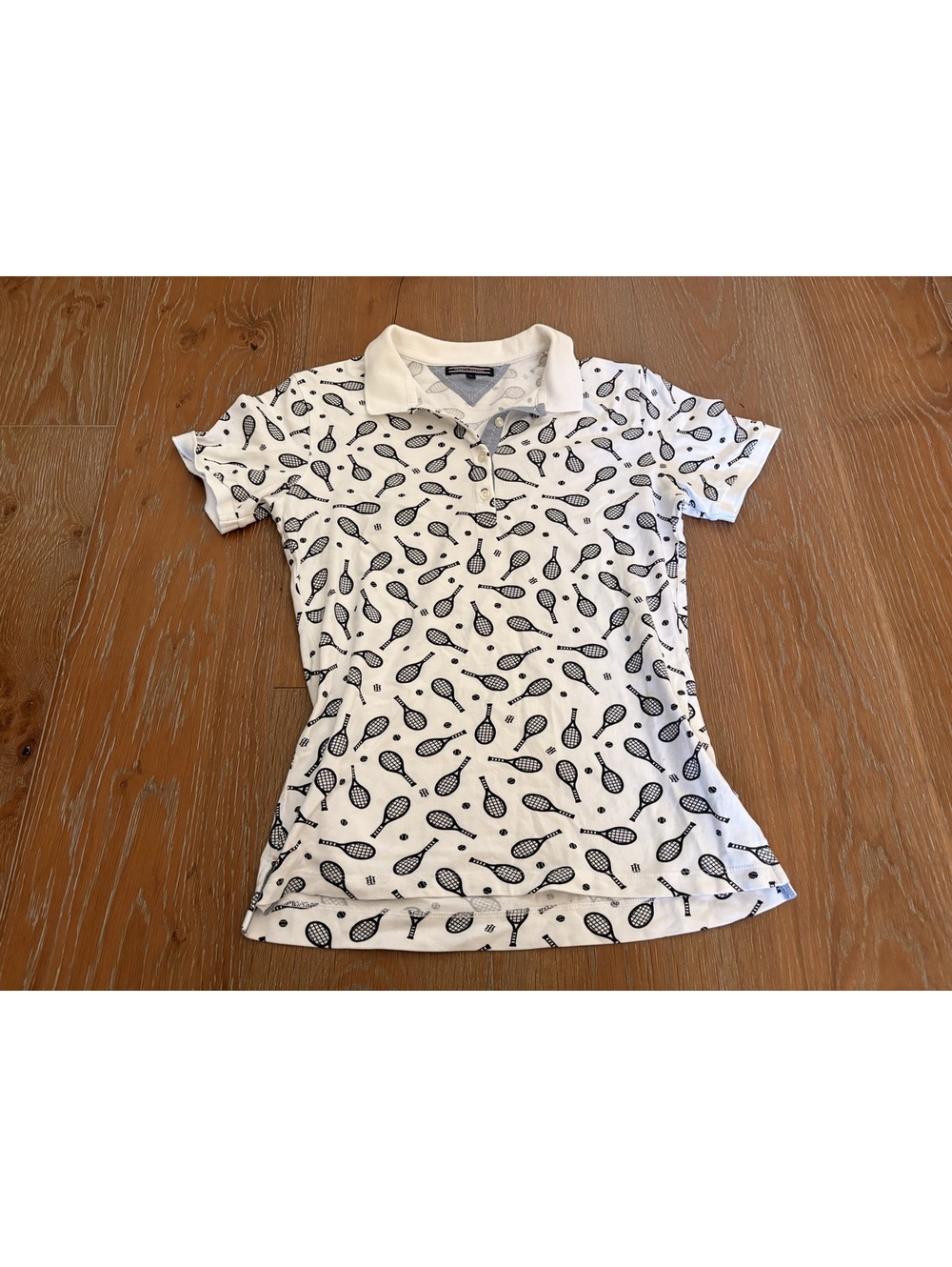 Tommy Hilfiger White Polo Shirt with Tennis Print Sporty Chic M